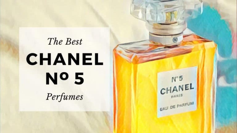 A bottle of Chanel No. 5 perfume with a clear cap sits next to text that reads, “The Best CHANEL N° 5 Perfumes.” The image has a soft, artistic filter and a light background.