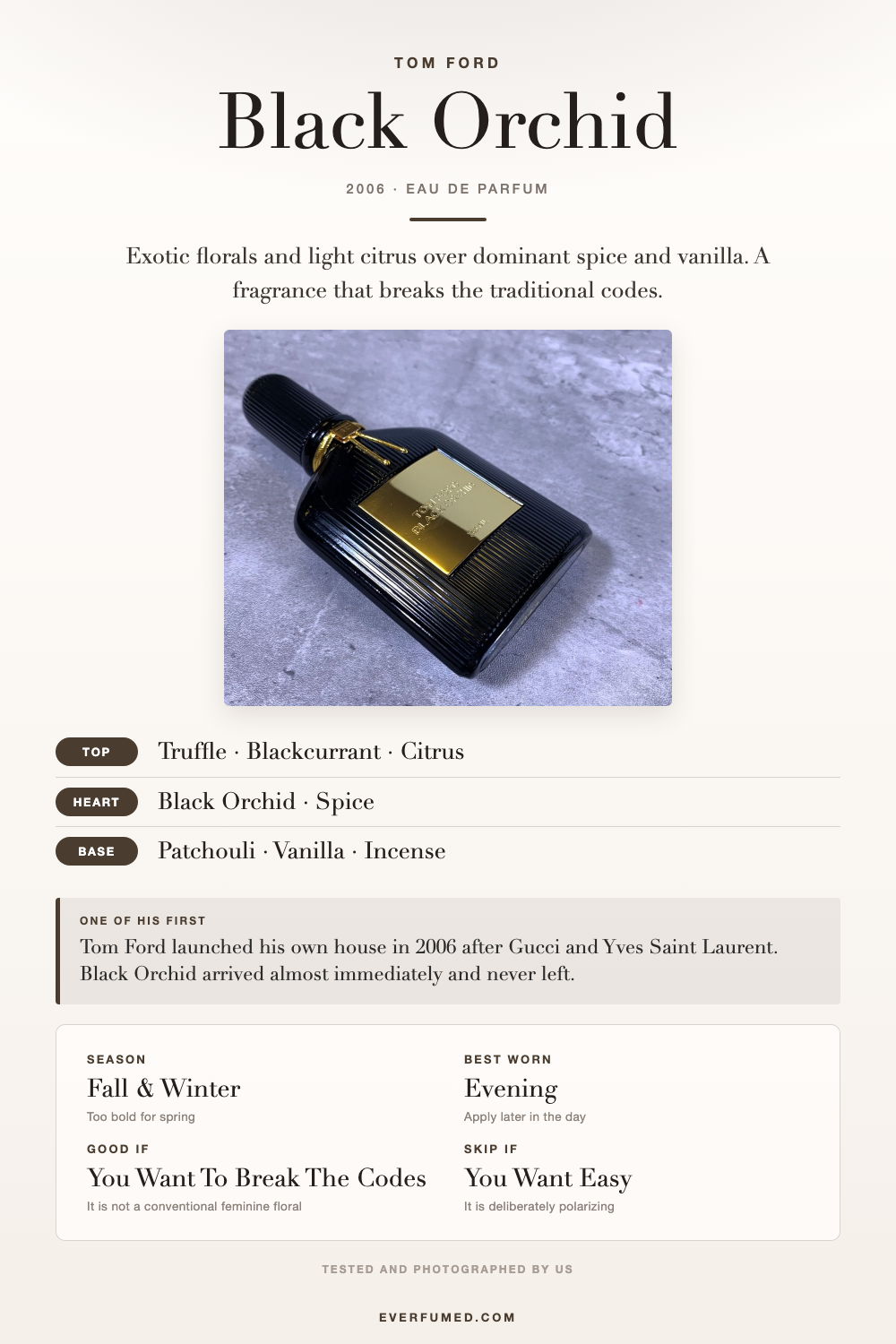 Tom Ford Black Orchid Perfume Review: Intensely Sensual Tom Ford Black Orchid infographic: truffle, black orchid and vanilla notes, season, when to wear it, and who it suits