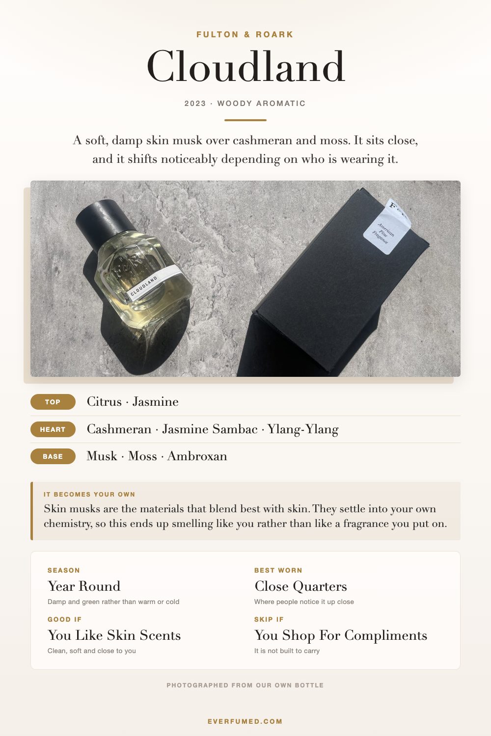 Fulton & Roark Cloudland Review: A Musk That Sits Close Fulton and Roark Cloudland infographic: cashmeran and musk notes, season, when to wear it, opening and drydown