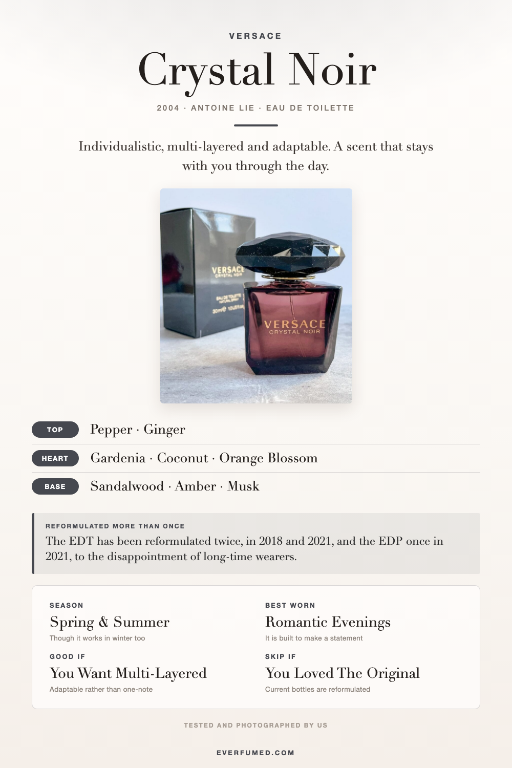Versace Crystal Noir EDT Reviewed: Spellbinding & Simply Gorgeous Versace Crystal Noir infographic: pepper, gardenia and sandalwood notes, season, when to wear it, and who it suits