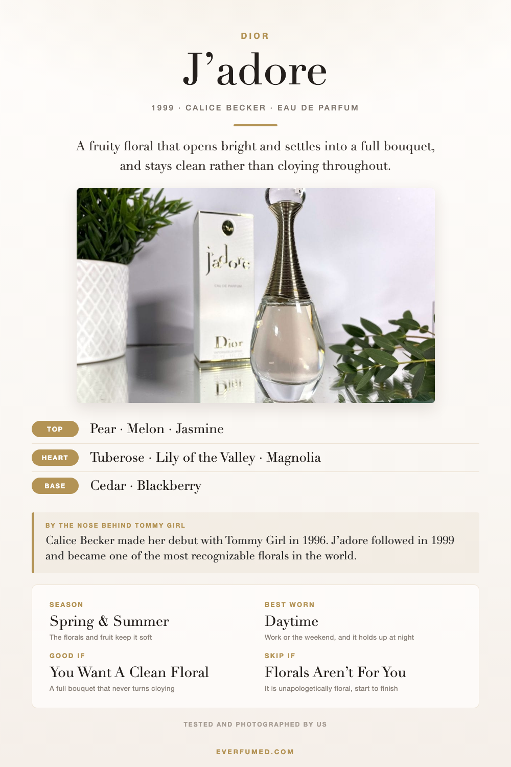 Is Dior’s J’adore Perfume Still Worth It? Dior J'adore infographic: pear, tuberose and cedar notes, season, when to wear it, and who it suits