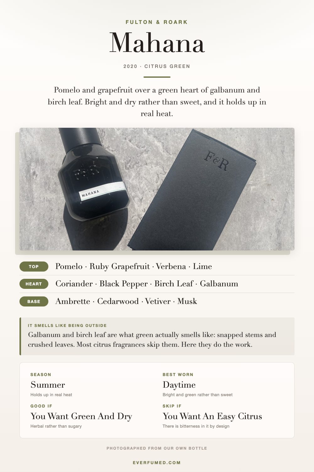 Fulton & Roark Mahana Review: A Citrus That Stays Dry Fulton and Roark Mahana infographic: pomelo and galbanum notes, season, when to wear it, opening and drydown