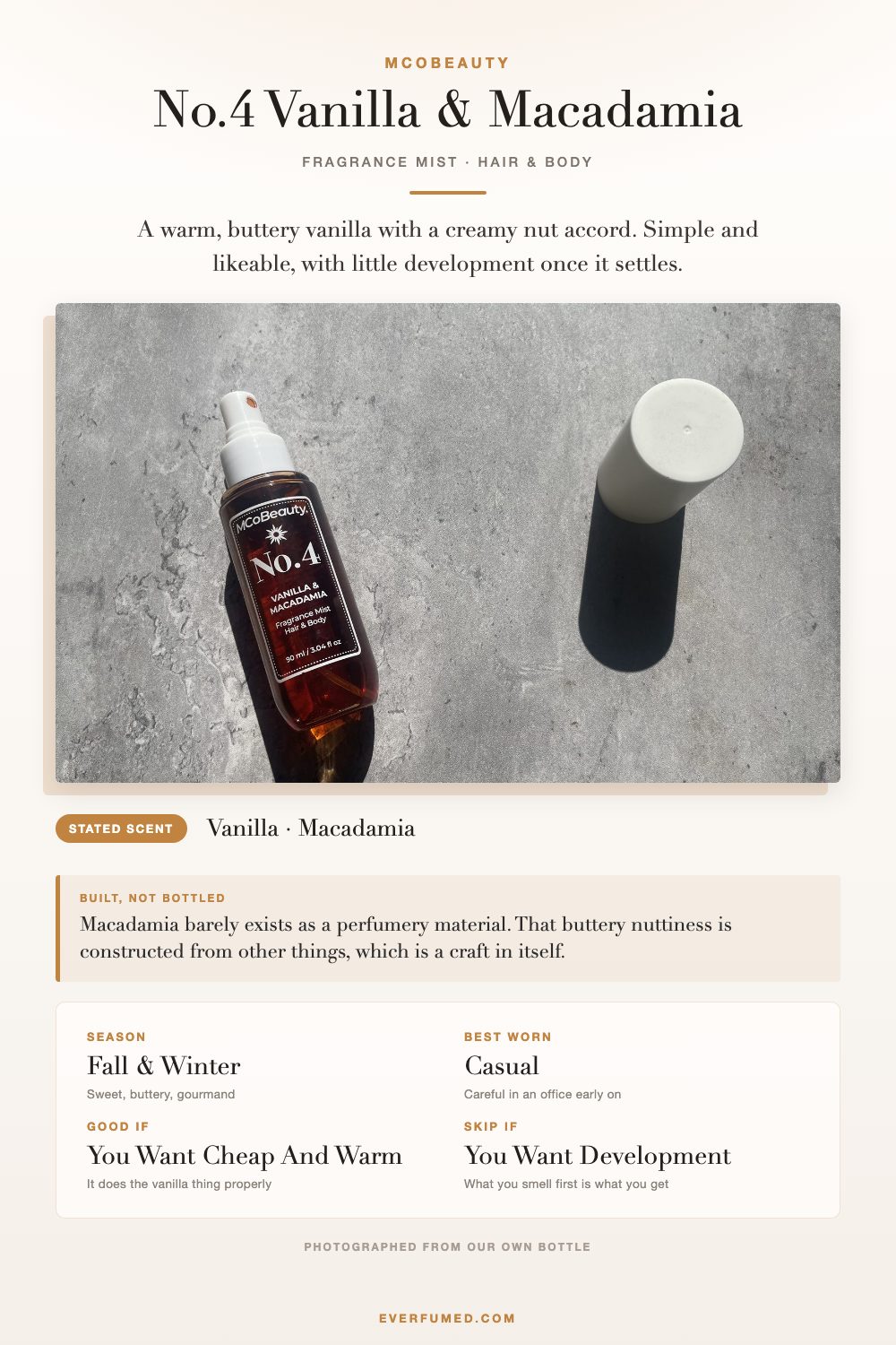 MCoBeauty No.4 Vanilla & Macadamia Review: What the Back Panel Says MCoBeauty No.4 Vanilla and Macadamia infographic: stated scent, season, when to wear it, opening and mist format