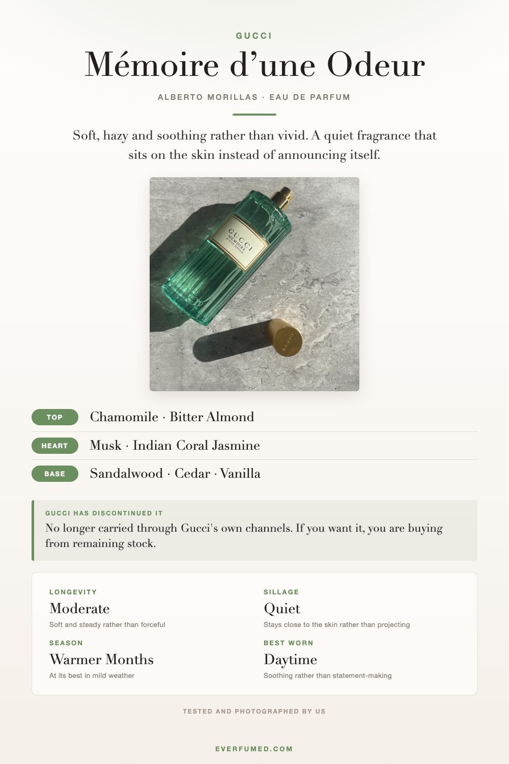 Gucci Memoire d’une Odeur EDP Review: Soothing & Soft Gucci Memoire d'une Odeur infographic: chamomile and jasmine notes, longevity, sillage, season and when to wear it