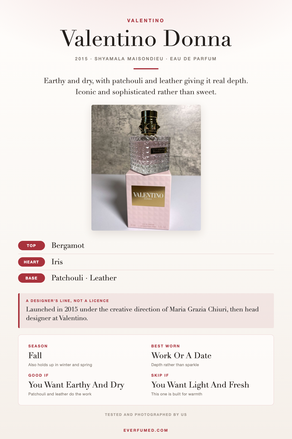 Valentino Donna Perfume Reviewed: Exquisite & Impressive Valentino Donna infographic: bergamot, iris and leather notes, season, when to wear it, and who it suits