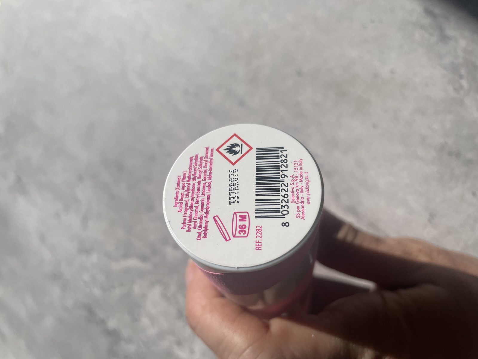 Pink Sugar Perfume Reviewed: Incredibly Sweet Base of the Pink Sugar tube showing the ingredient list, barcode and made in Italy